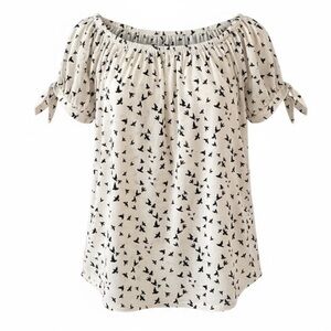 🌸3/$15🌸 Ember Tiny Bird Print Short Sleeve Blouse Navy & Cream Flowy Bows Sz S